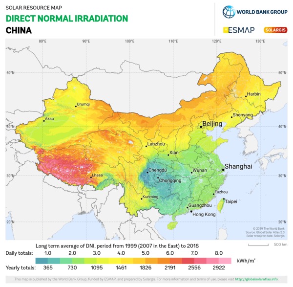 法向直接辐射量, China